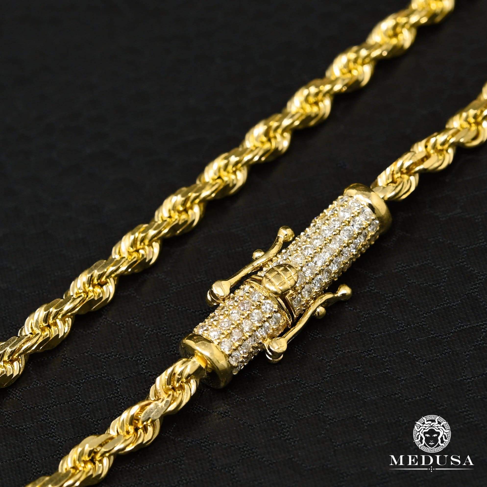 10K Gold Chain, 4mm Rope Chain Solid Diamond Lock Chain