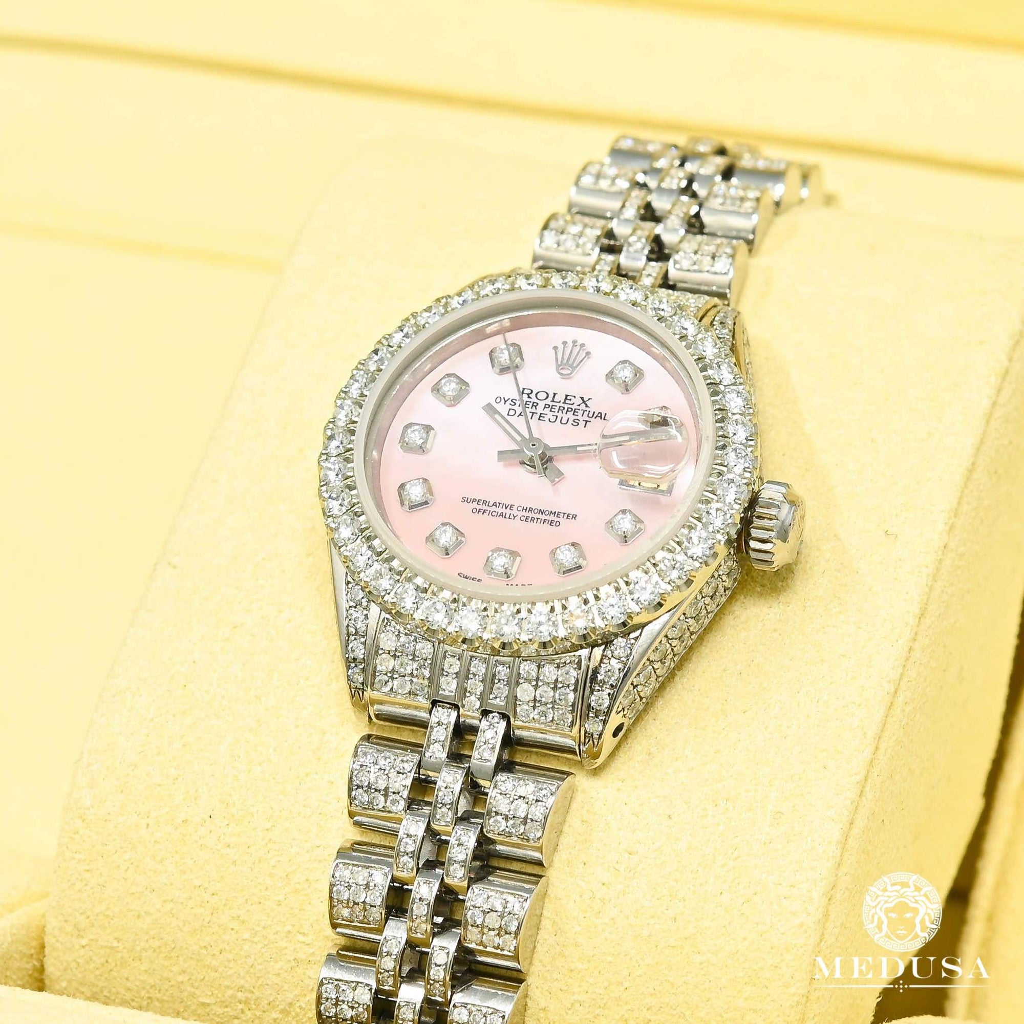 Evaluation Discard abscess Rolex watch | Rolex Datejust 26mm - Pink Stainless Iced Ladies Watch |  Medusa jewelry - Medusa Jewelry