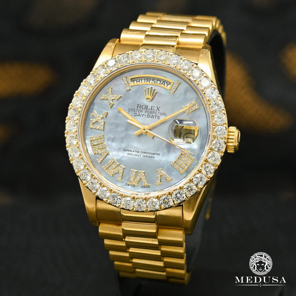 Montre Rolex | Montre Homme Rolex Day-Date 36mm - Cyan ’’Mother Of Pearl’’ Romain / Or Jaune