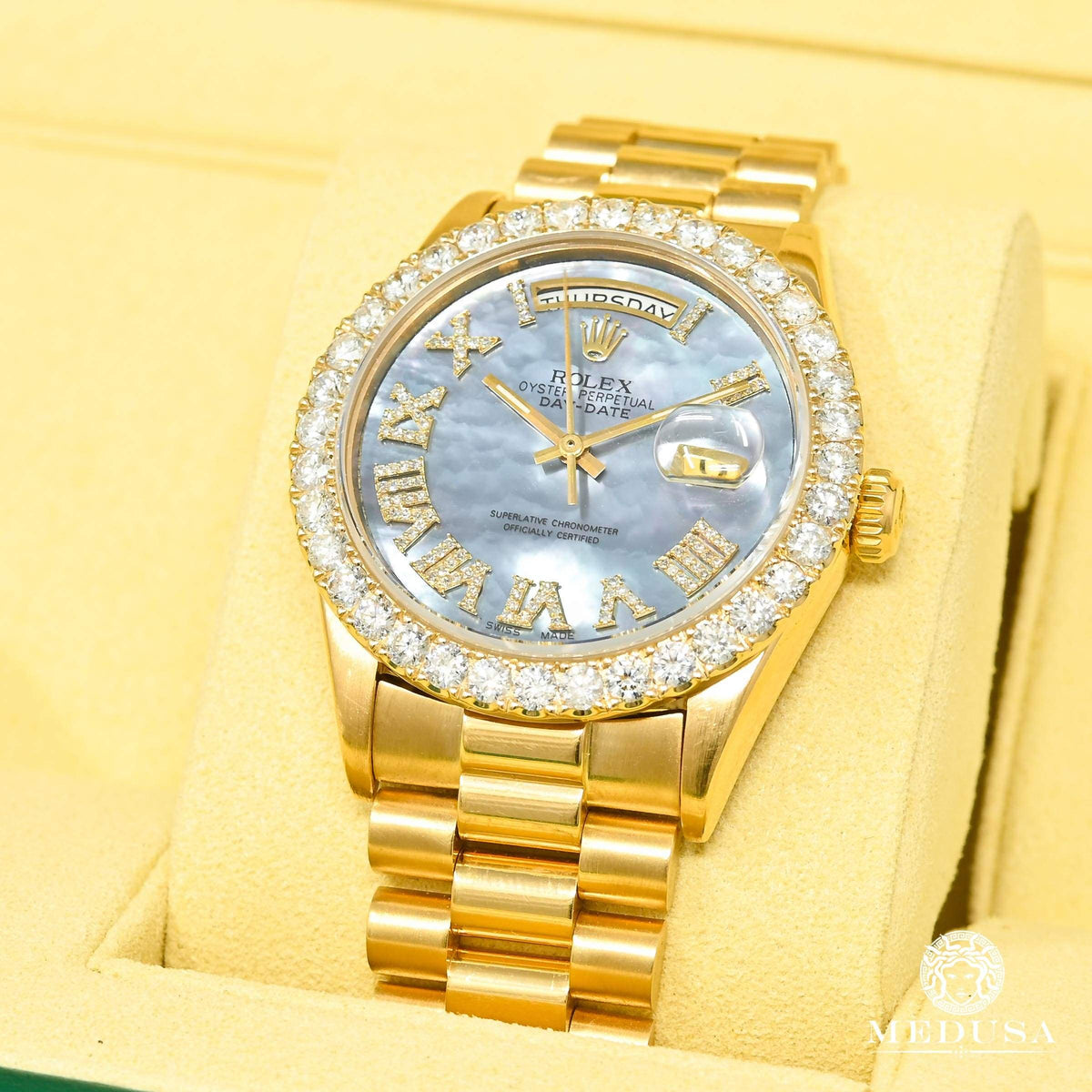 Montre Rolex | Montre Homme Rolex Day-Date 36mm - Cyan ’’Mother Of Pearl’’ Romain / Or Jaune