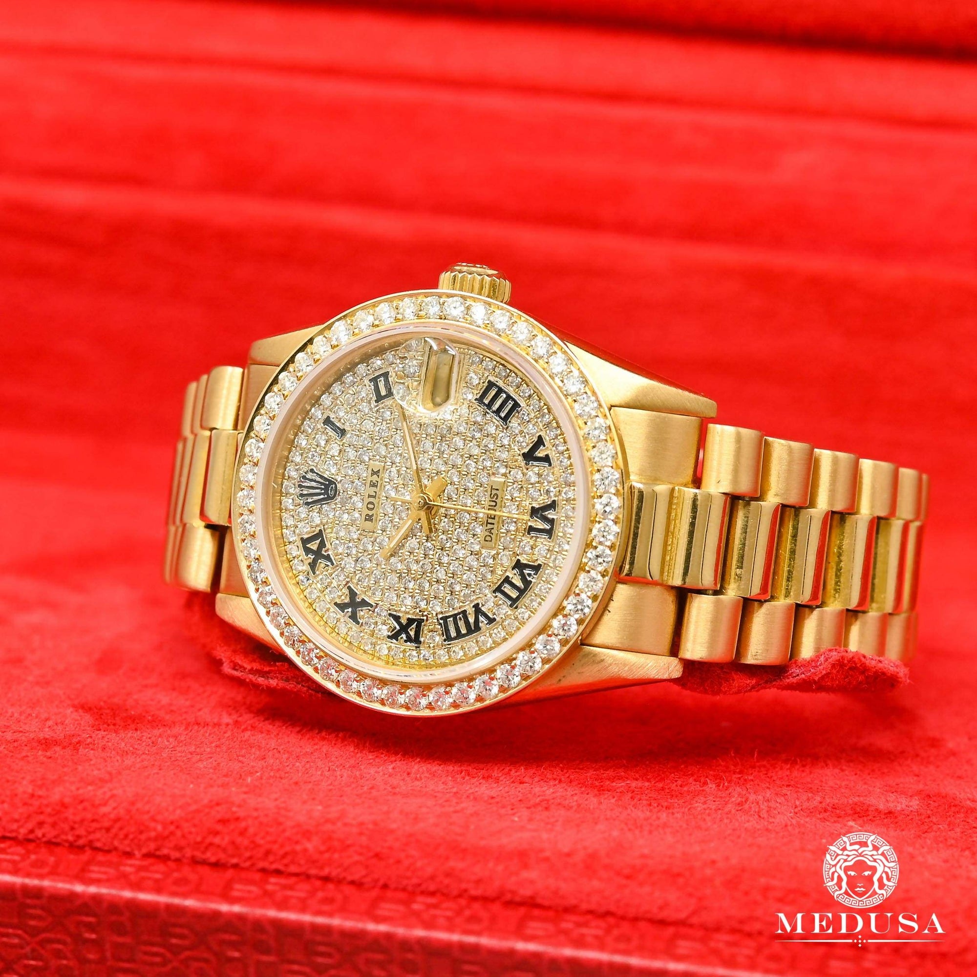 mature Scold diagonal Rolex watch | Rolex Lady-Datejust 31mm - President Iced Ladies Watch |  Medusa jewelry - Medusa Jewelry